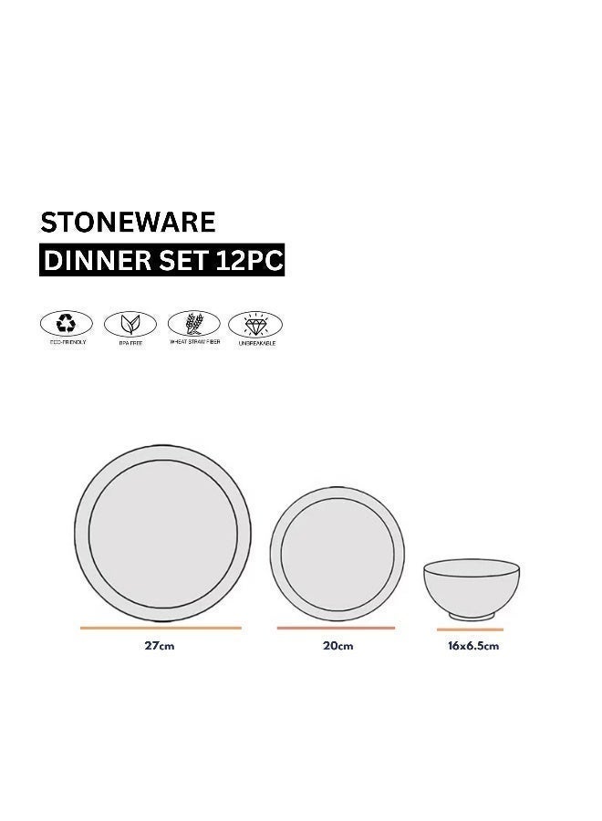 Feelings 12-Piece Stoneware Dinner Set includes 4 x 10.5" Dinner Plate , 4 x 8" Salad Plate , 4 x 6" Bowl, Serves 4, Blue/White - Image 5
